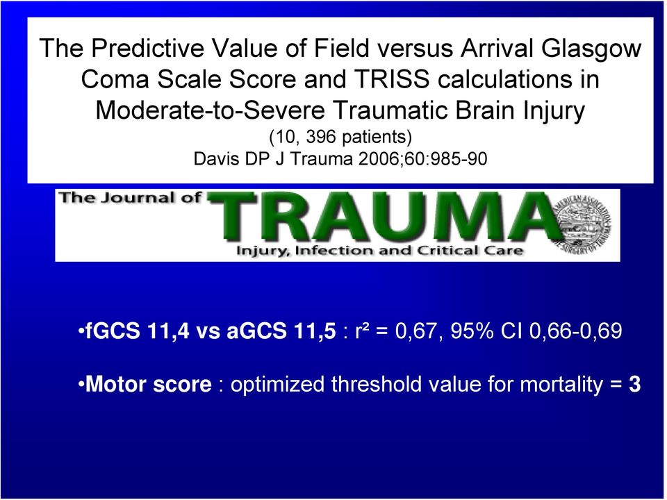 patients) Davis DP J Trauma 2006;60:985-90 fgcs 11,4 vs agcs 11,5 : r² =