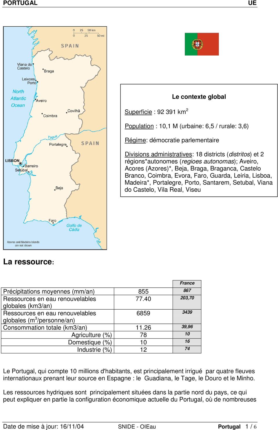Viana do Castelo, Vila Real, Viseu La ressource: France Précipitations moyennes (mm/an) 855 867 Ressources en eau renouvelables globales (km3/an) Ressources en eau renouvelables 6859 3439 globales (m
