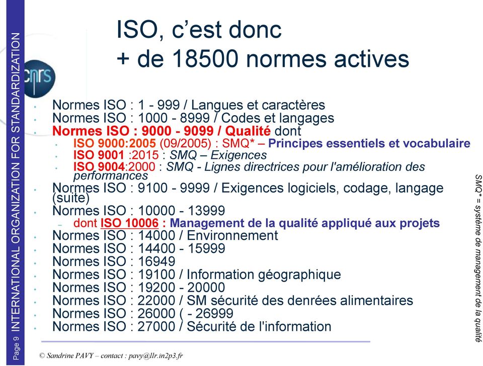 performances Normes ISO : 9100-9999 / Exigences logiciels, codage, langage (suite) Normes ISO : 10000-13999 dont ISO 10006 : Management de la qualité appliqué aux projets Normes ISO : 14000 /