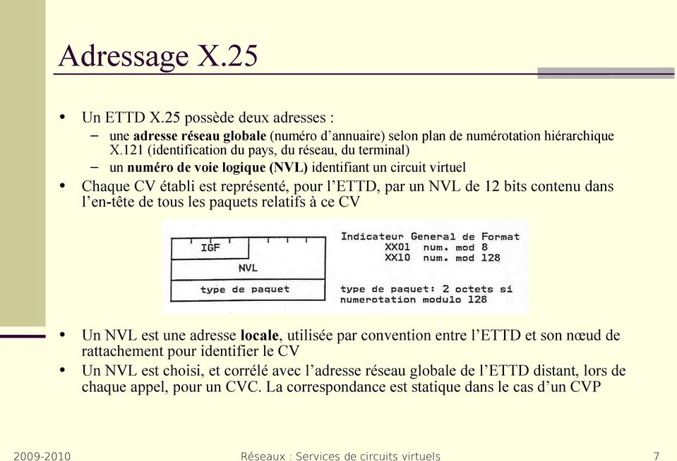 un NVL de 12 bits contenu dans l en-tête de tous les paquets relatifs à ce CV Un NVL est une adresse locale, utilisée par convention entre l ETTD et son nœud de