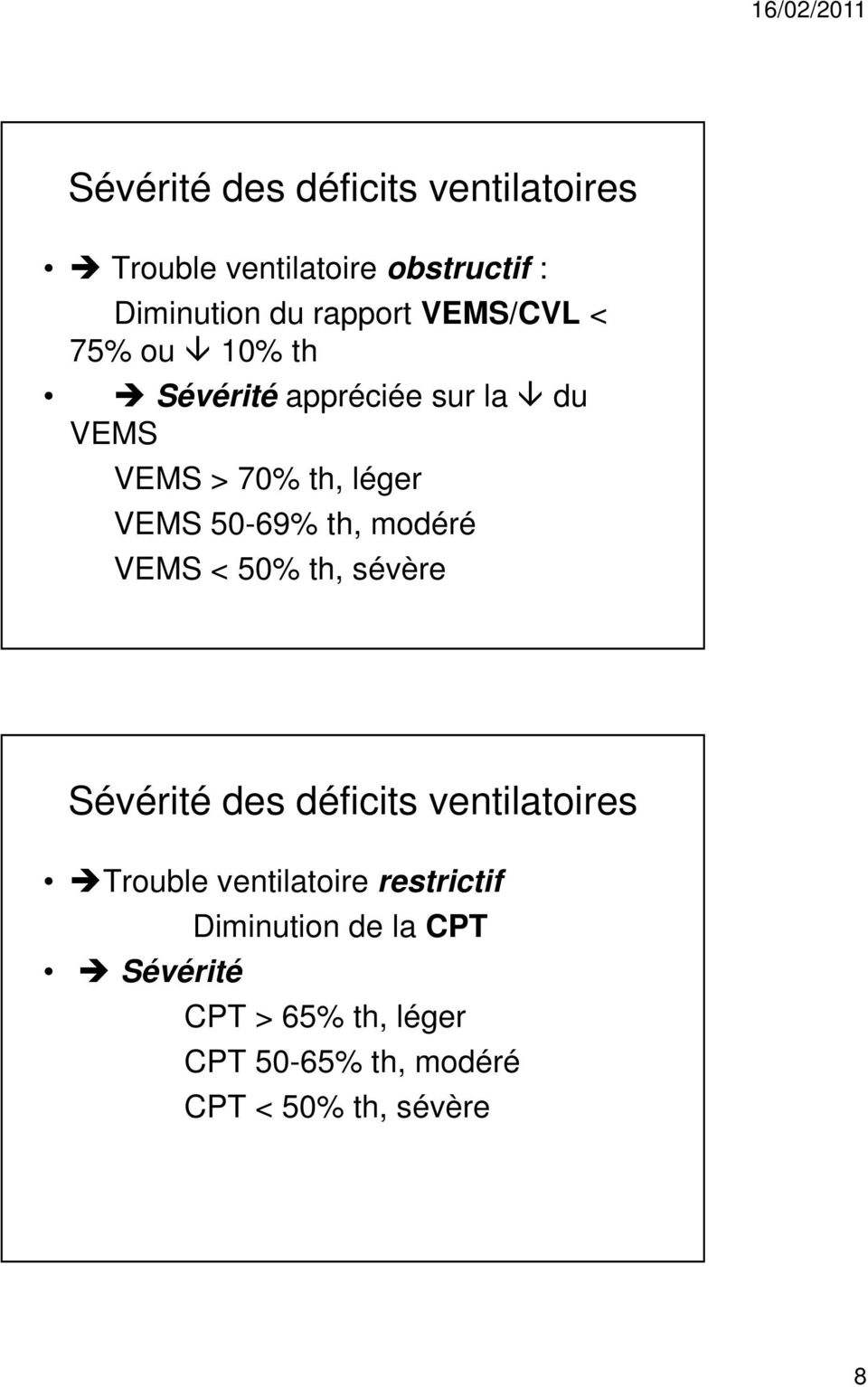 th, modéré VEMS < 50% th, sévère Sévérité des déficits ventilatoires Trouble ventilatoire
