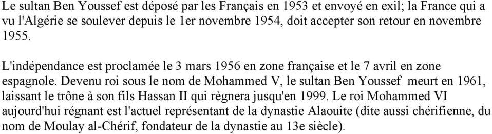 Devenu roi sous le nom de Mohammed V, le sultan Ben Youssef meurt en 1961, laissant le trône à son fils Hassan II qui règnera jusqu'en 1999.
