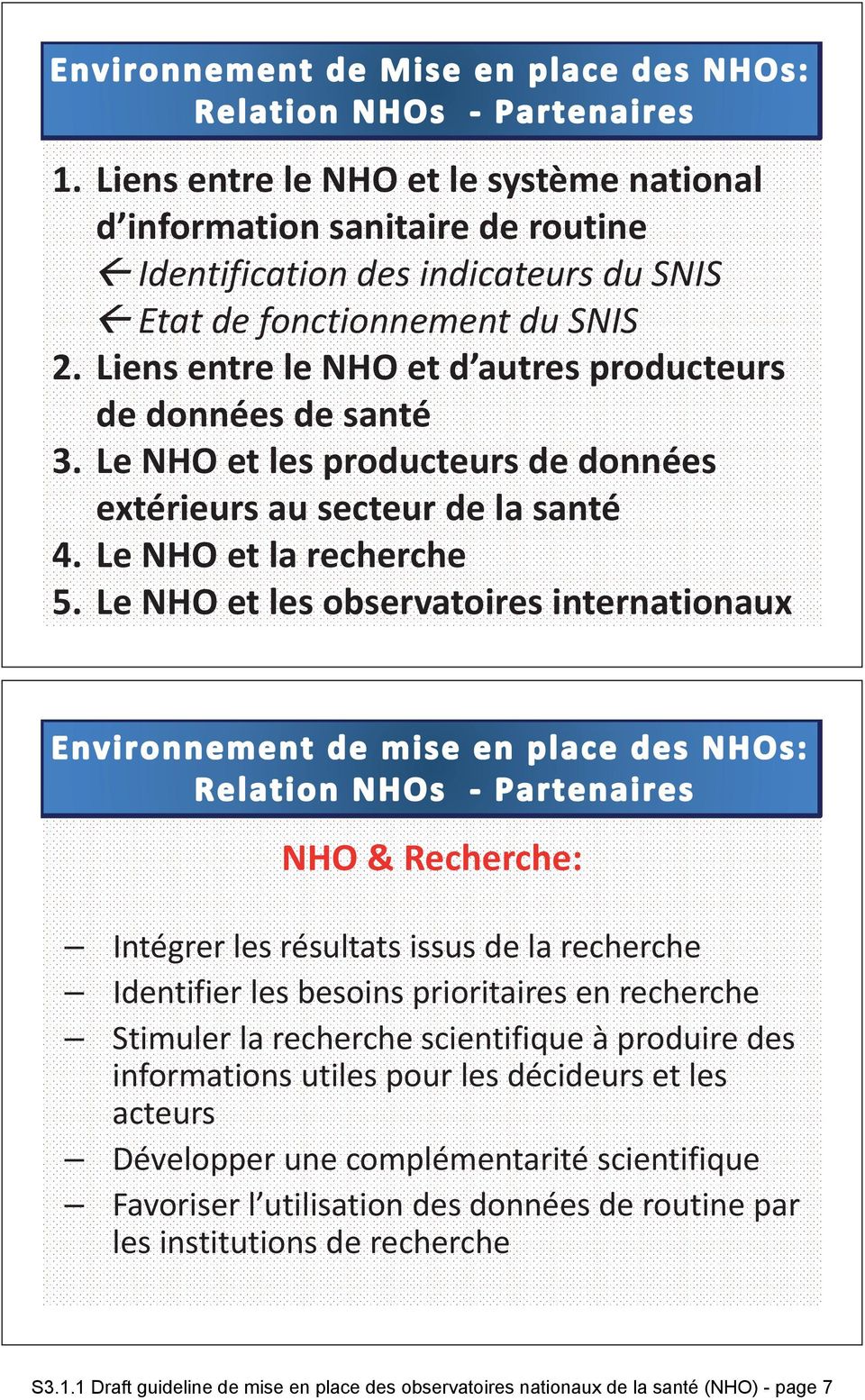Le NHO et les observatoires internationaux NHO & Recherche: Intégrer les résultats issus de la recherche Identifier les besoins prioritaires en recherche Stimuler la recherche