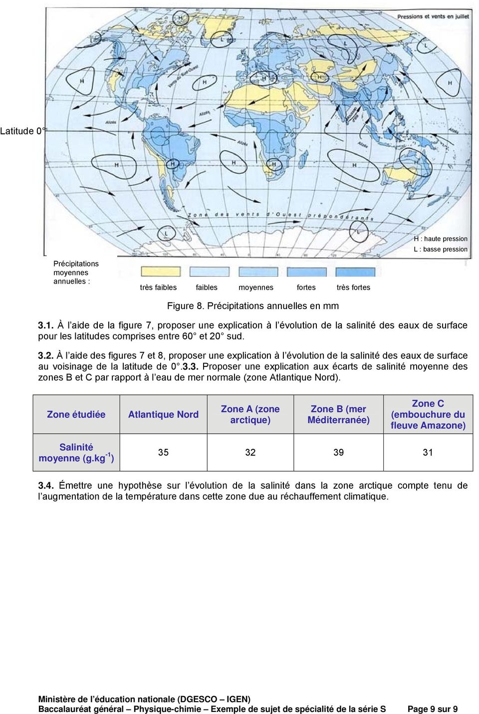 sud. 3.2. À l aide des figures 7 et 8, proposer une explication à l évolution de la salinité des eaux de surface au voisinage de la latitude de 0.3.3. Proposer une explication aux écarts de salinité moyenne des zones B et C par rapport à l eau de mer normale (zone Atlantique Nord).