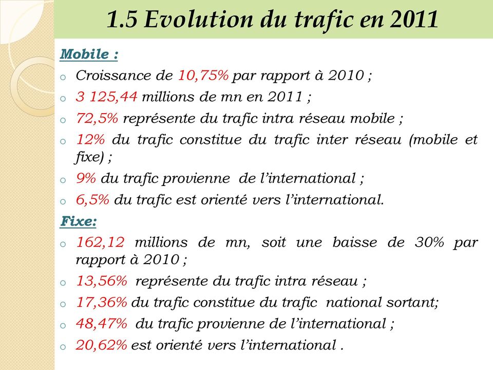 mbile ; 12% du trafic cnstitue du trafic inter réseau (mbile et fixe) ; 9% du trafic prvienne de l internatinal ; 6,5% du trafic est rienté