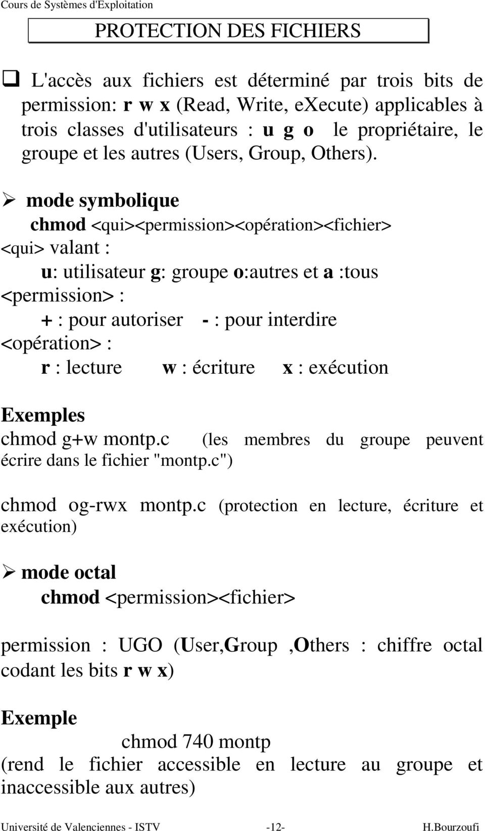 ½ mode symbolique chmod <qui><permission><opération><fichier> <qui> valant : u: utilisateur g: groupe o:autres et a :tous <permission> : + : pour autoriser - : pour interdire <opération> : r :