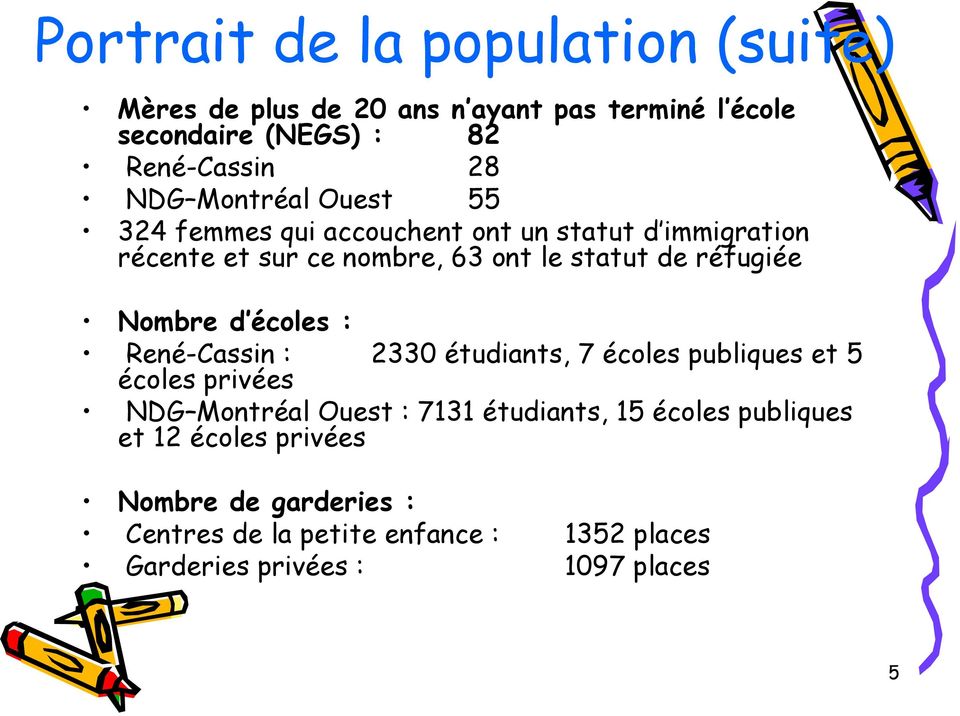 Nombre d écoles : René-Cassin : 2330 étudiants, 7 écoles publiques et 5 écoles privées NDG Montréal Ouest : 7131 étudiants, 15