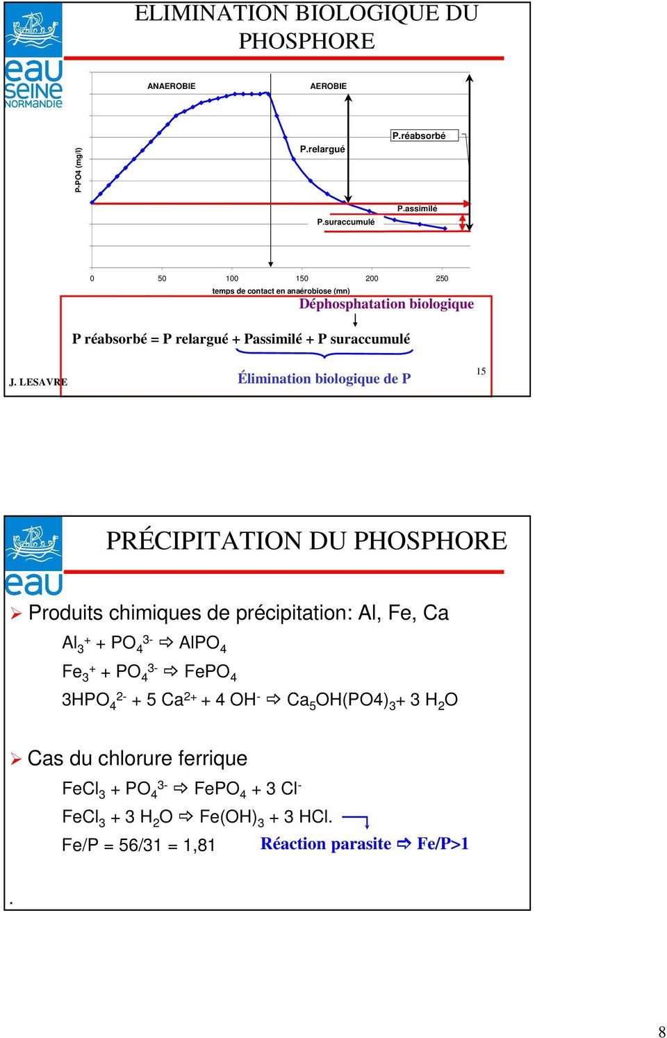 Élimination biologique de P 15 PRÉCIPITATION DU PHOSPHORE Produits chimiques de précipitation: Al, Fe, Ca Al 3+ + PO 4 3- AlPO 4 Fe 3+ + PO 4 3- FePO
