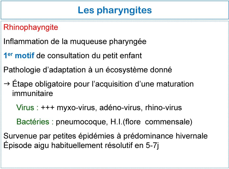 maturation immunitaire Virus : +++ myxo-virus, adéno-virus, rhino-virus Bactéries : pneumocoque, H.I.