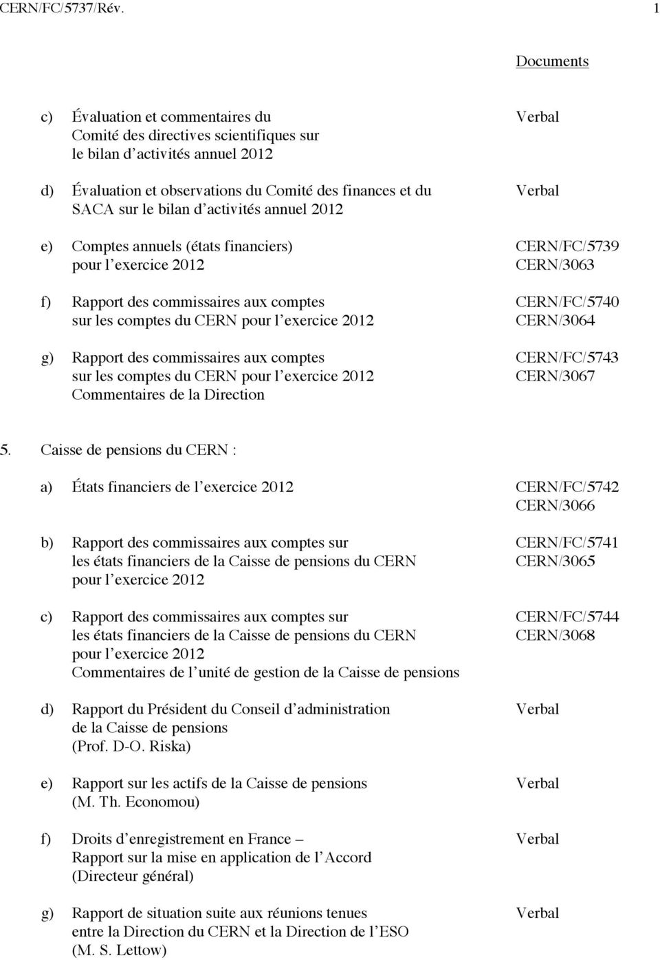 d activités annuel 2012 e) Comptes annuels (états financiers) CERN/FC/5739 CERN/3063 f) Rapport des commissaires aux comptes CERN/FC/5740 sur les comptes du CERN CERN/3064 g) Rapport des commissaires