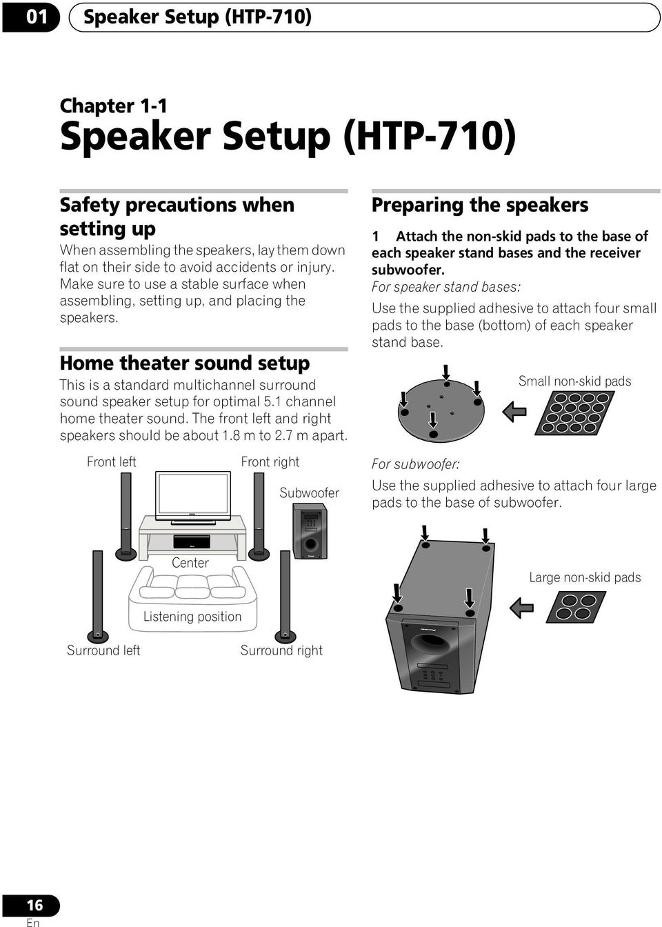 1 channel home theater sound. The front left and right speakers should be about 1.8 m to 2.7 m apart.