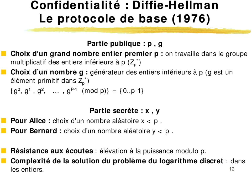 p* ) {g 0, g 1, g 2,, g P-1 (mod p)} = {0..p-1} Partie secrète : x, y Pour Alice : choix d un nombre aléatoire x < p.
