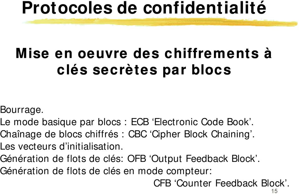 Chaînage de blocs chiffrés : CBC Cipher Block Chaining. Les vecteurs d initialisation.