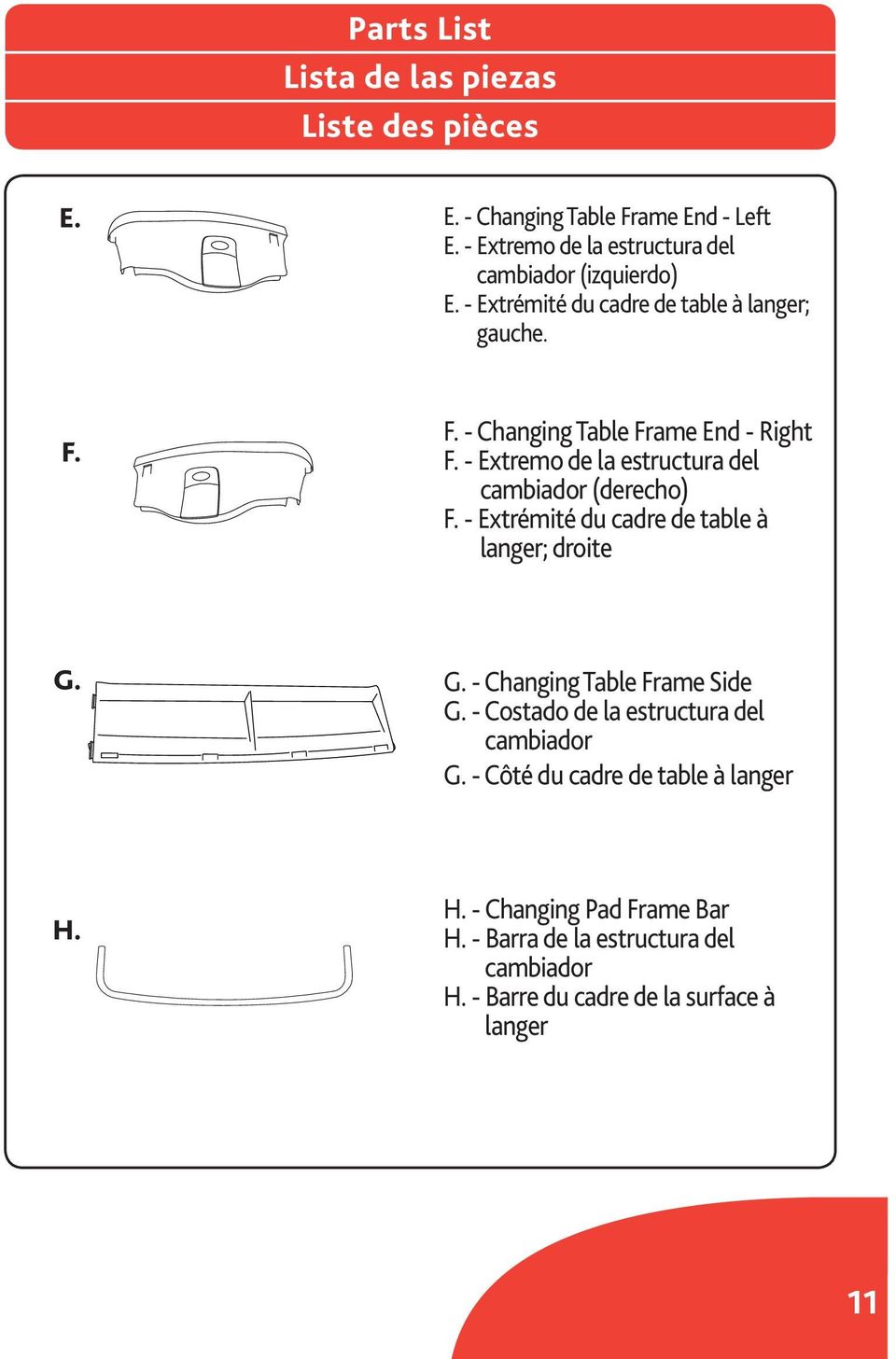 - Extremo de la estructura del cambiador (derecho) F. - Extrémité du cadre de table à langer; droite G. G. - Changing Table Frame Side G.