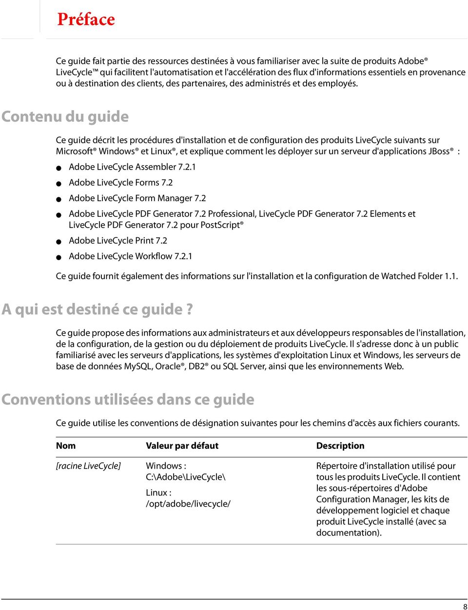 Contenu du guide Ce guide décrit les procédures d'installation et de configuration des produits LiveCycle suivants sur Microsoft Windows et Linux, et explique comment les déployer sur un serveur