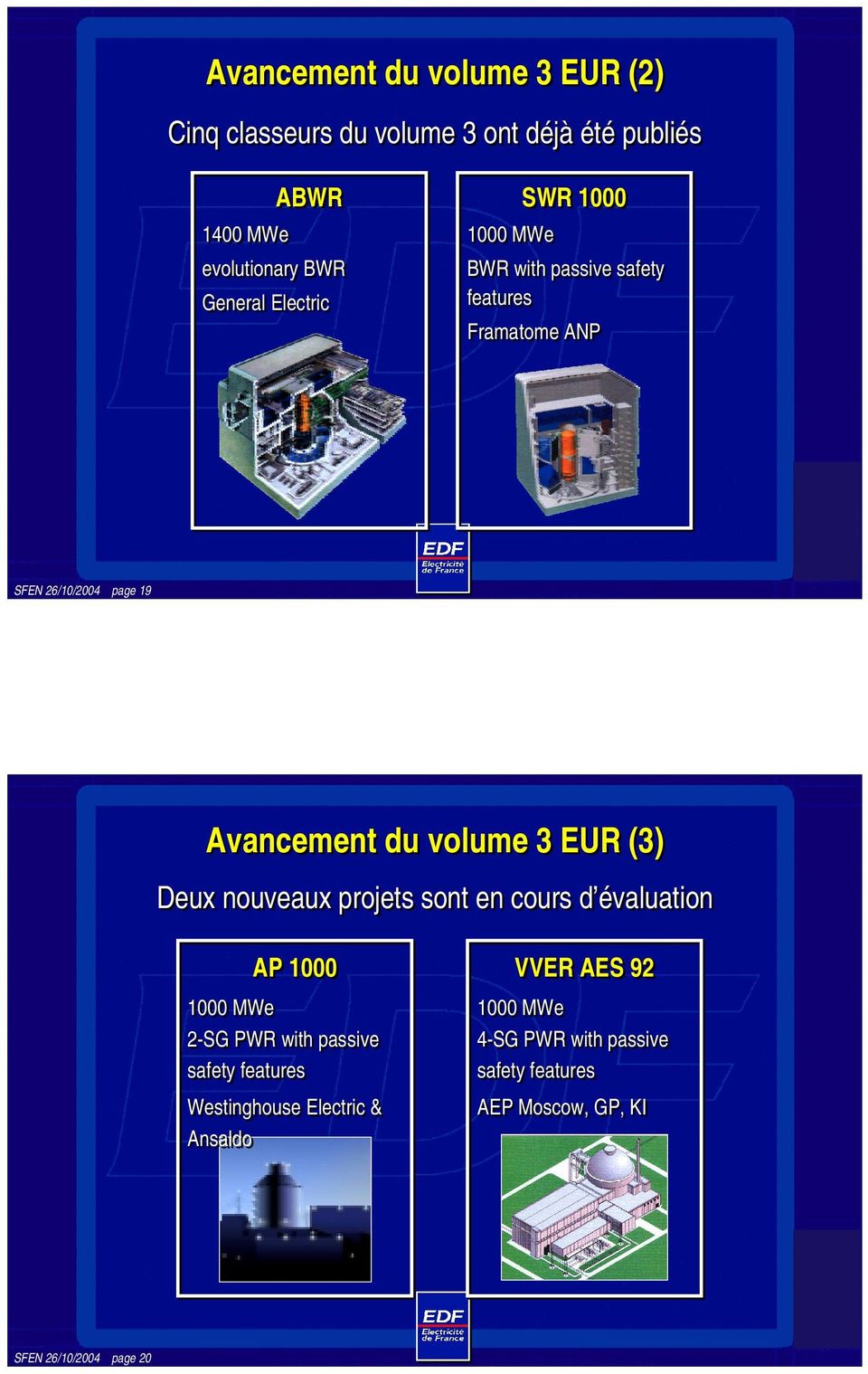 EUR (3) Deux nouveaux projets sont en cours d évaluation AP 1000 1000 MWe 2-SG PWR with passive safety features