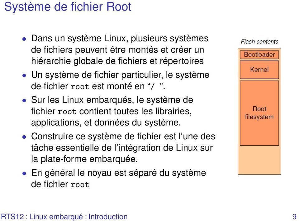 Sur les Linux embarqués, le système de fichier root contient toutes les librairies, applications, et données du système.
