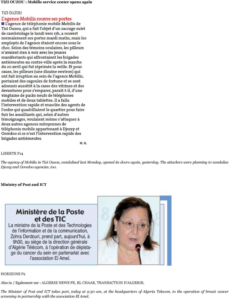 Ministry of Post and ICT HORIZONS P2 Also in / Egalement sur : ALGERIE NEWS FR, EL CHAAB, TRANSACTION D'ALGERIE.