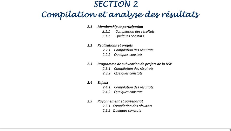 3 Programme de subvention de projets de la DSP 2.3.1 Compilation des résultats 2.3.2 Quelques constats 2.4 
