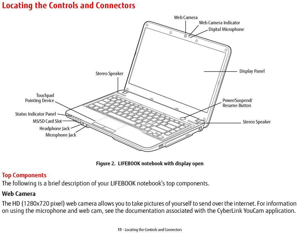 LIFEBOOK notebook with display open Top Components The following is a brief description of your LIFEBOOK notebook s top components.