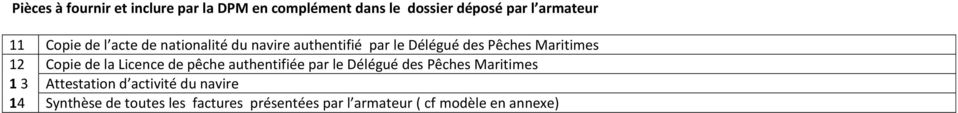 Copie de la Licence de pêche authentifiée par le Délégué des Pêches Maritimes 1 3 Attestation d