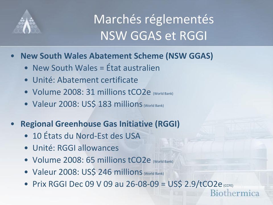 Regional Greenhouse Gas Initiative (RGGI) 10 États du Nord-Est des USA Unité: RGGI allowances Volume 2008: 65