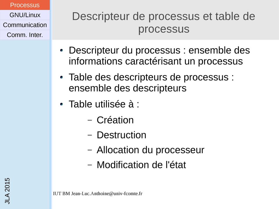 Table des descripteurs de processus : ensemble des descripteurs Table