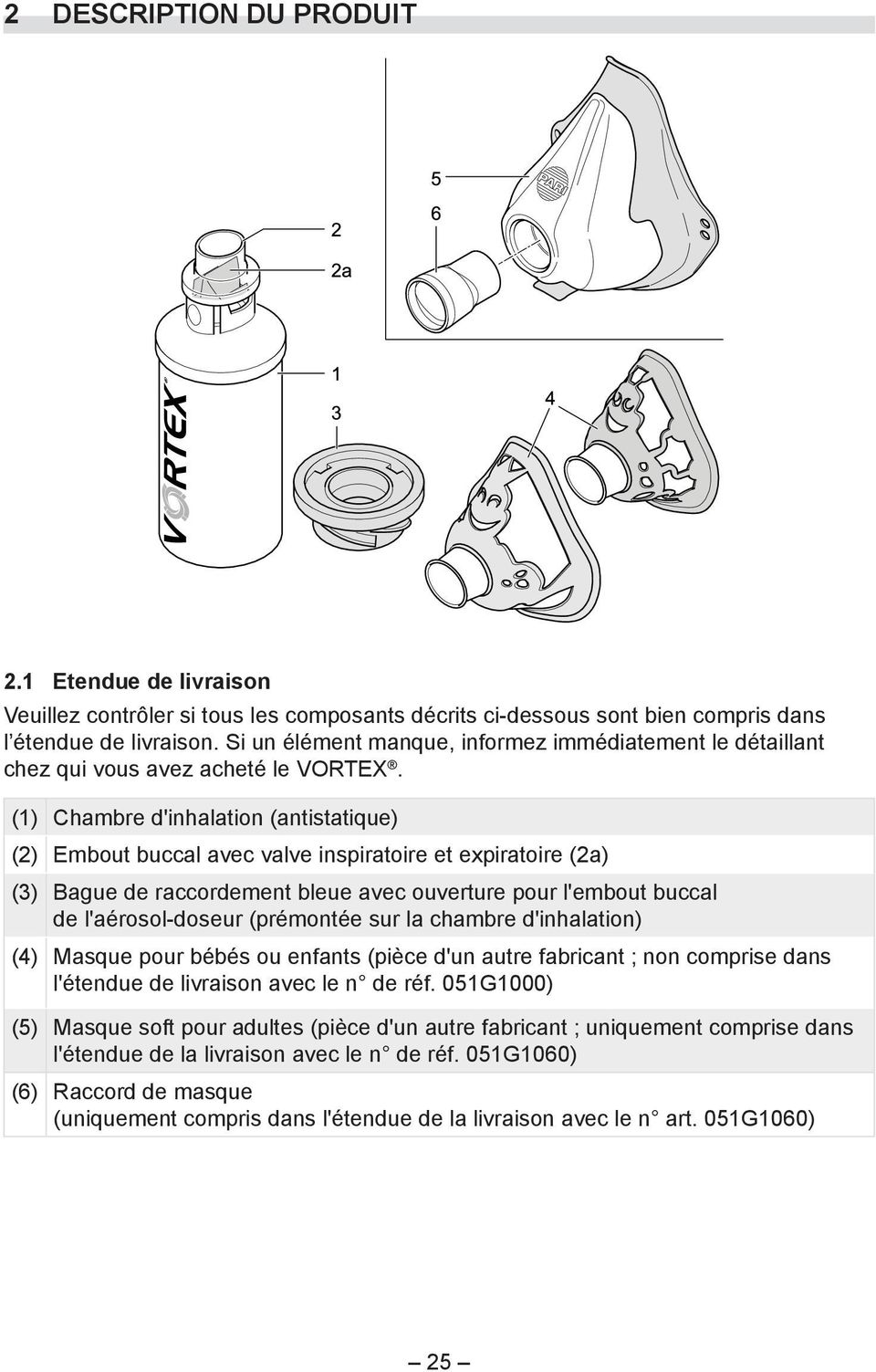 (1) Chambre d'inhalation (antistatique) (2) Embout buccal avec valve inspiratoire et expiratoire (2a) (3) Bague de raccordement bleue avec ouverture pour l'embout buccal de l'aérosol-doseur