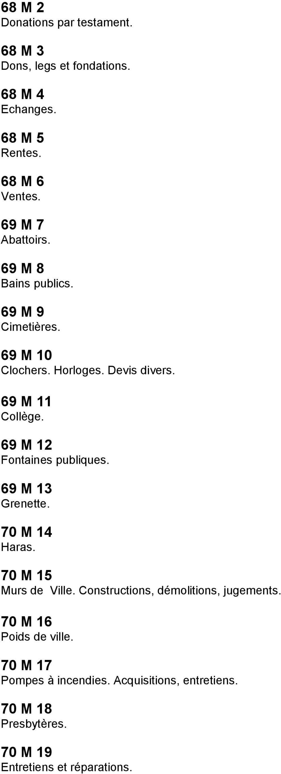 69 M 12 Fontaines publiques. 69 M 13 Grenette. 70 M 14 Haras. 70 M 15 Murs de Ville.