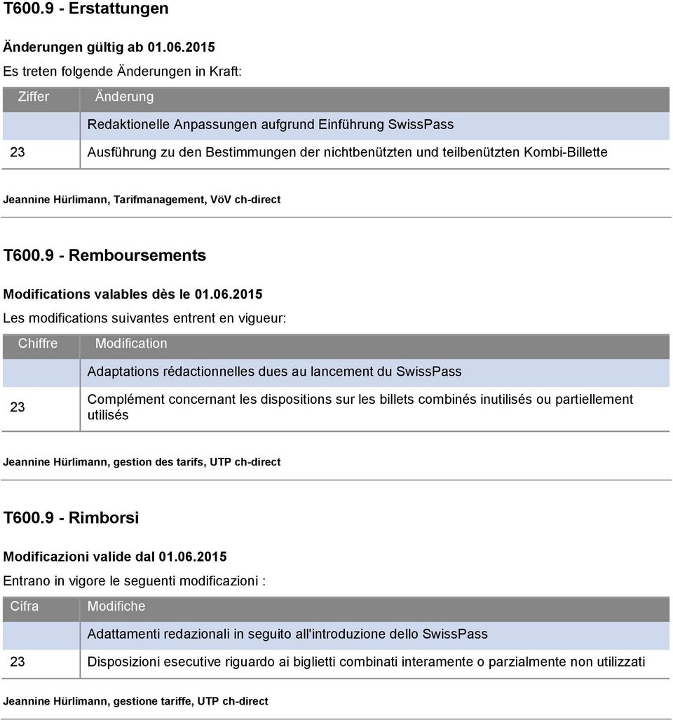 Kombi-Billette Jeannine Hürlimann, Tarifmanagement, VöV ch-direct T600.9 - Remboursements Modifications valables dès le 01.06.