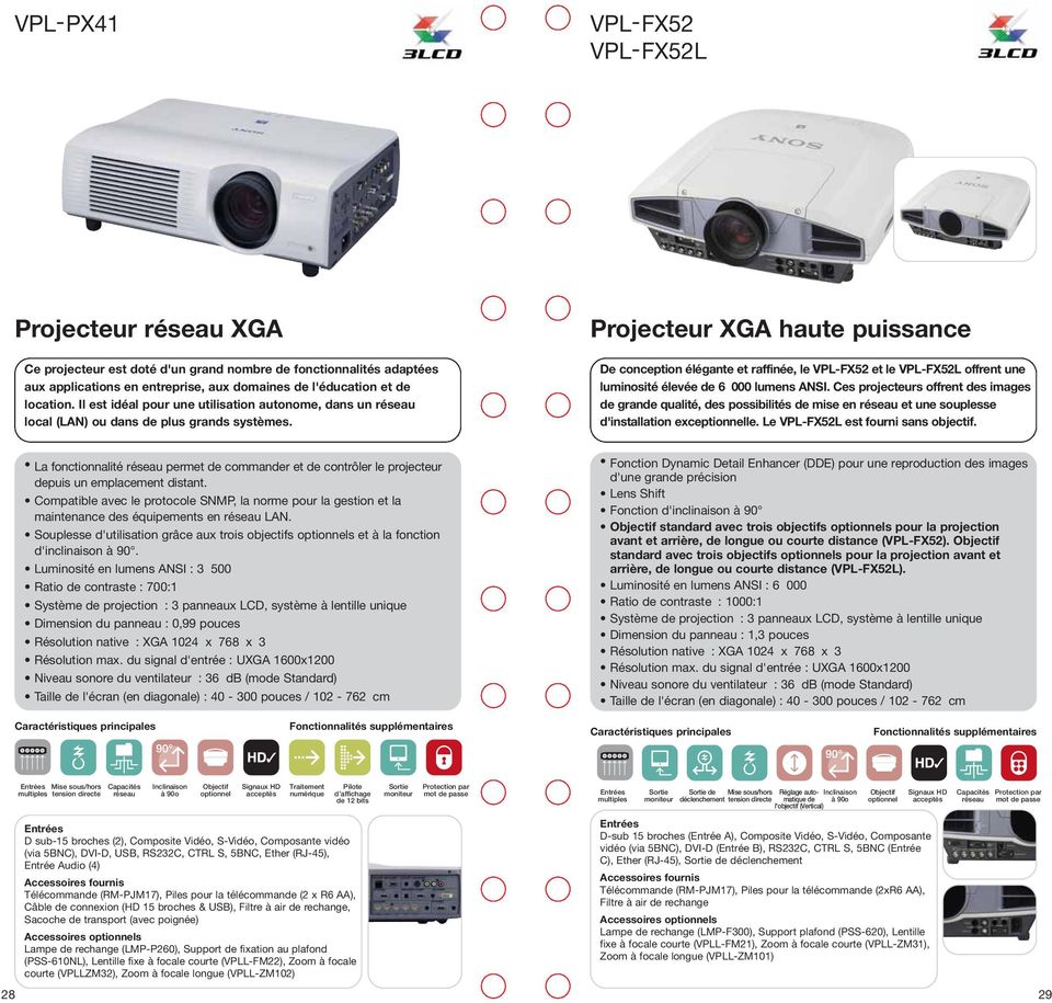 Projecteur XGA haute puissance De conception élégante et raffinée, le VPLFX52 et le VPLFX52L offrent une luminosité élevée de 6 000 lumens ANSI.