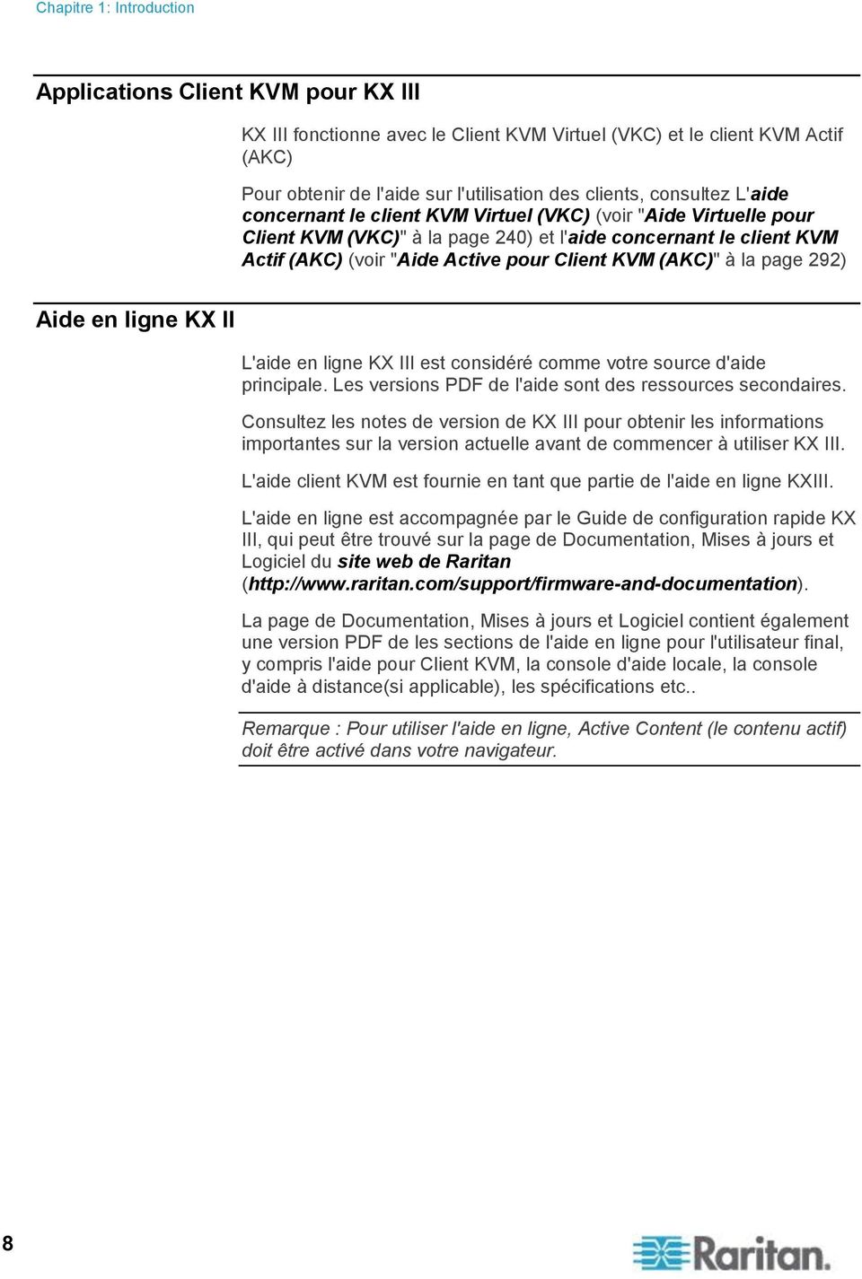 (AKC)" à la page 292) Aide en ligne KX II L'aide en ligne KX III est considéré comme votre source d'aide principale. Les versions PDF de l'aide sont des ressources secondaires.