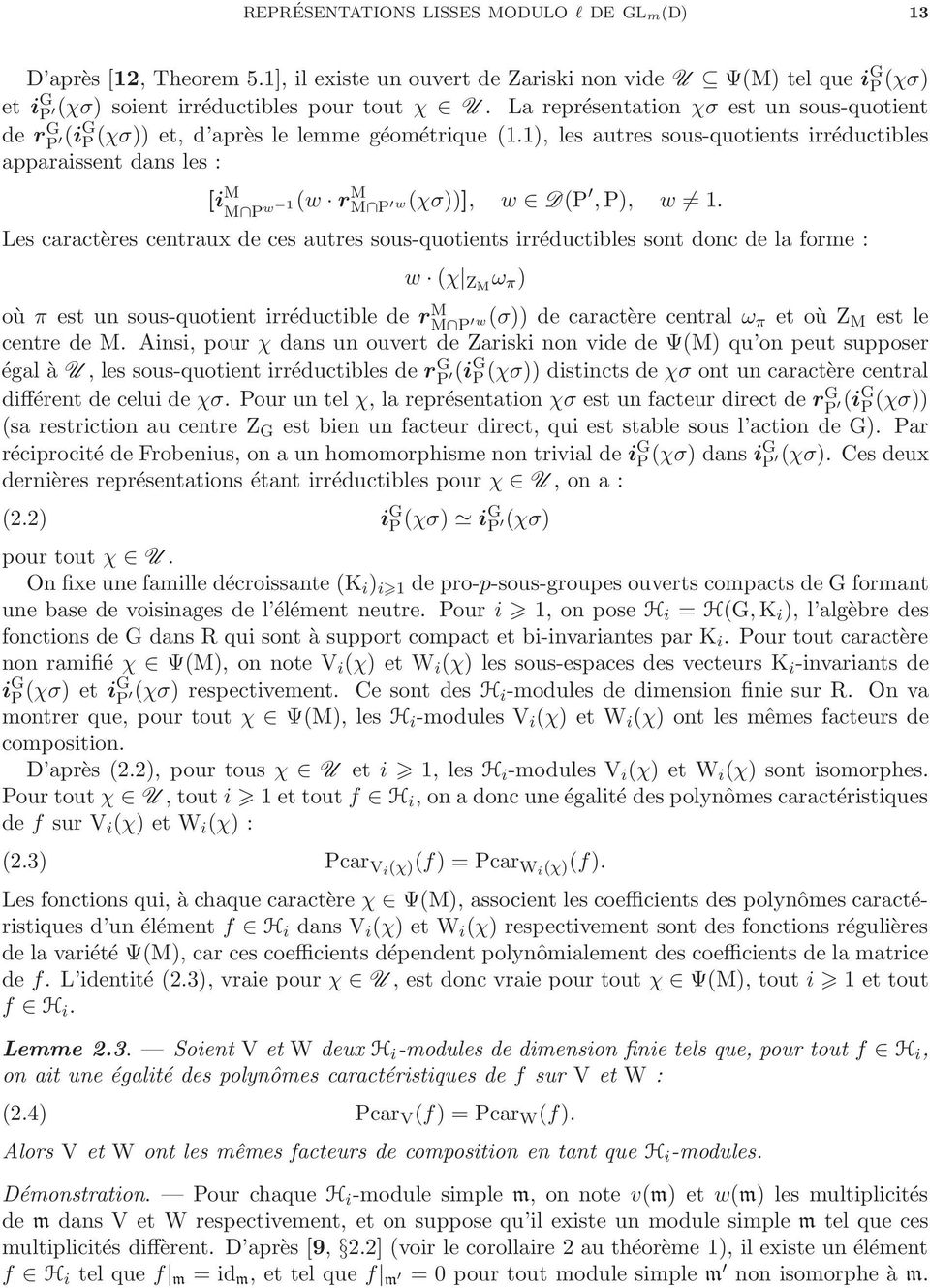 1), les autres sous-quotients irréductibles apparaissent dans les : [i M M P w 1 (w r M M P w(χσ))], w D(P,P), w 1.