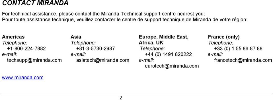 techsupp@miranda.com Asia Telephone: +81-3-5730-2987 e-mail: asiatech@miranda.