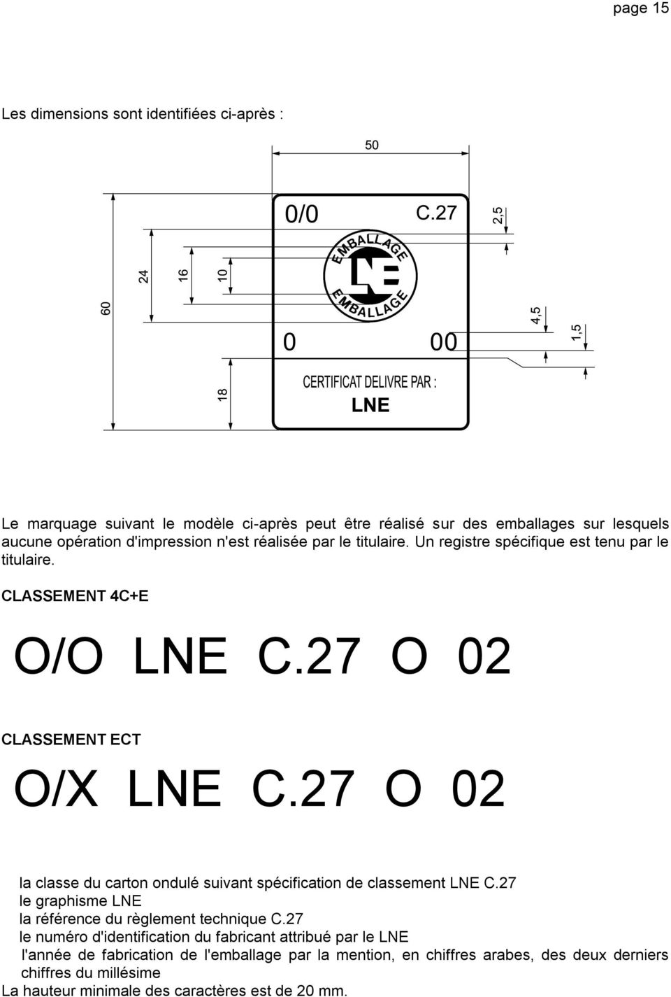 27 O 02 la classe du carton ondulé suivant spécification de classement LNE C.27 le graphisme LNE la référence du règlement technique C.