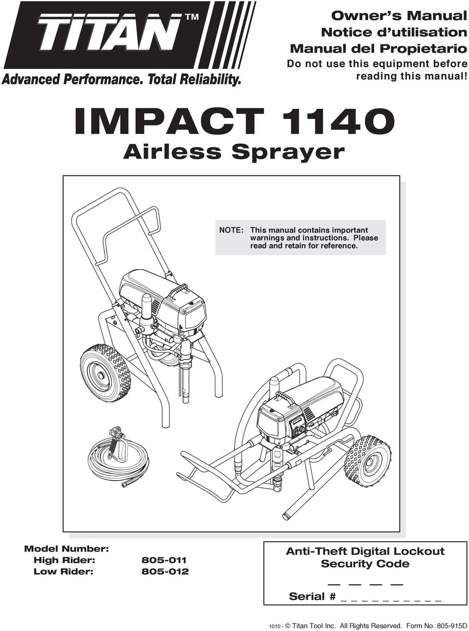 IMPACT 1140 Airless Sprayer NOTE: This manual contains important warnings and instructions.