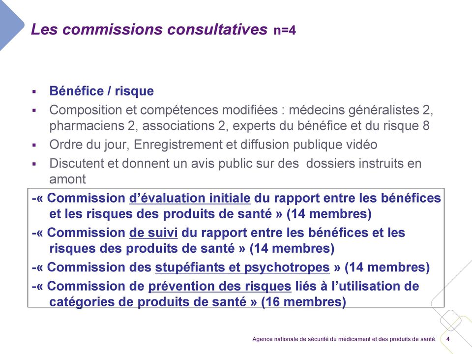 du rapport entre les bénéfices et les risques des produits de santé» (14 membres) -«Commission de suivi du rapport entre les bénéfices et les risques des produits de santé»