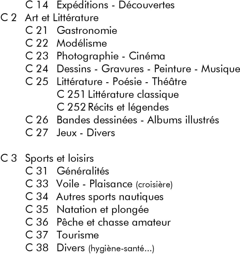 Bandes dessinées - Albums illustrés C 27 Jeux - Divers C 3 Sports et loisirs C 31 Généralités C 33 Voile - Plaisance