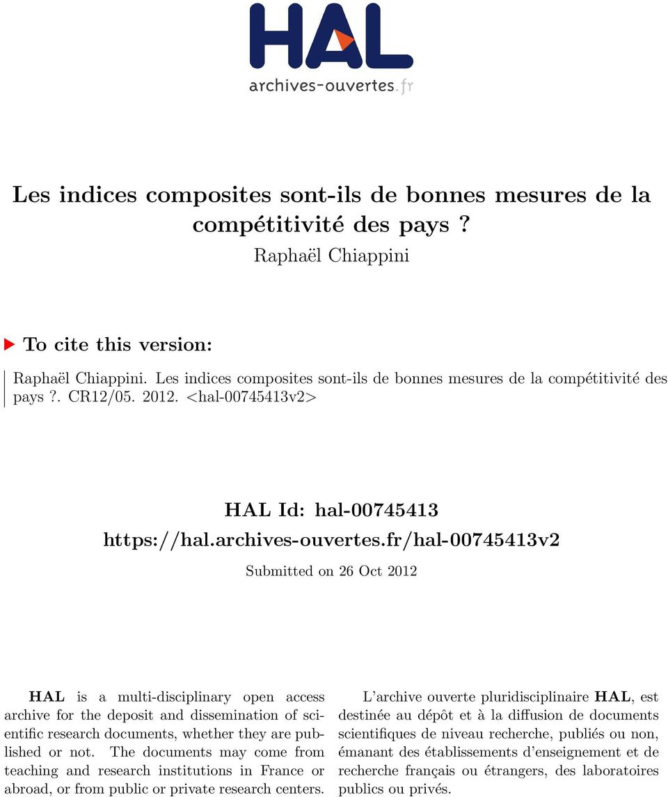 fr/hal-00745413v2 Submitted on 26 Oct 2012 HAL is a multi-disciplinary open access archive for the deposit and dissemination of scientific research documents, whether they are published or not.