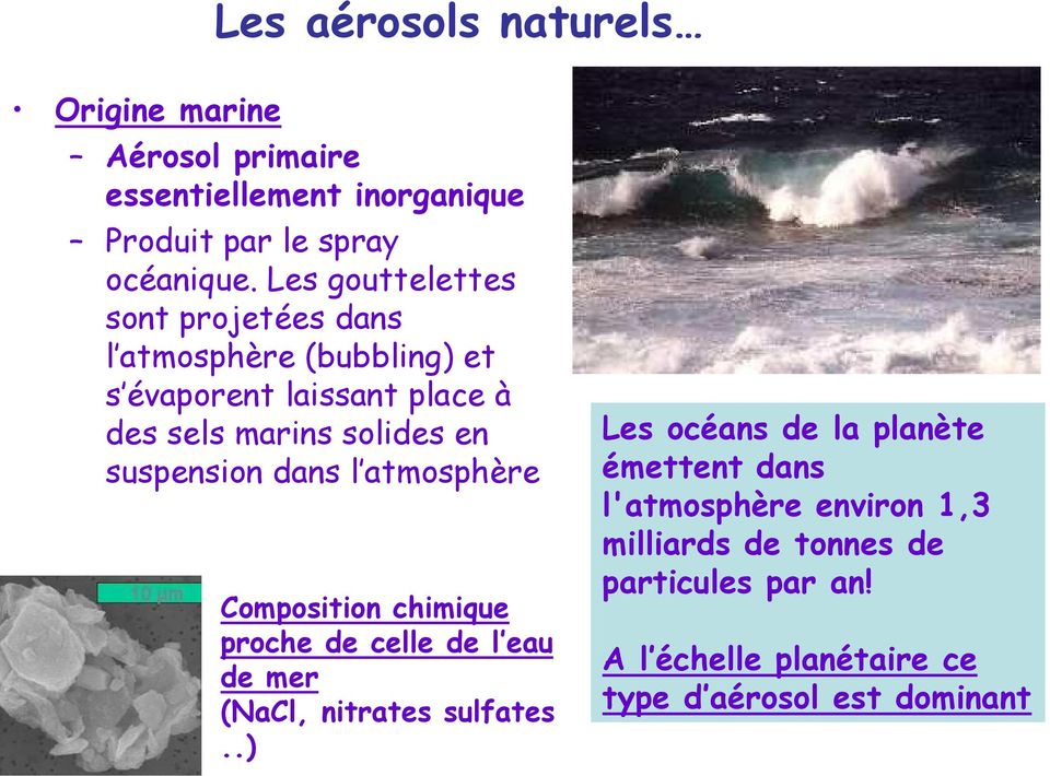 suspension dans l atmosphère Composition chimique proche de celle de l eau de mer (NaCl, nitrates sulfates.