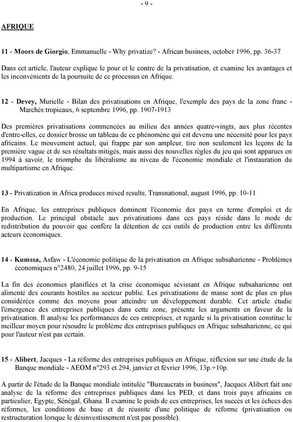 12 - Devey, Murielle - Bilan des privatisations en Afrique, l'exemple des pays de la zone franc - Marchés tropicaux, 6 septembre 1996, pp.