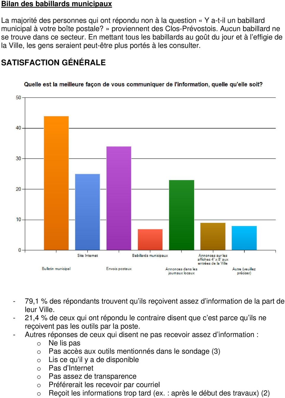 SATISFACTION GÉNÉRALE - 79,1 % des répondants trouvent qu ils reçoivent assez d information de la part de leur Ville.
