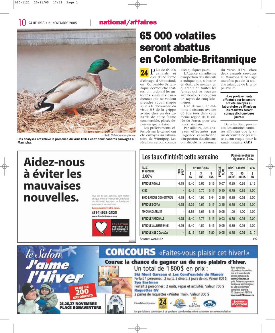 sanitaires canadiennes qui ne veulent prendre aucun risque suite à la découverte du virus H5 de la grippe aviaire chez un des canards de cette ferme commerciale, placée depuis en quarantaine.