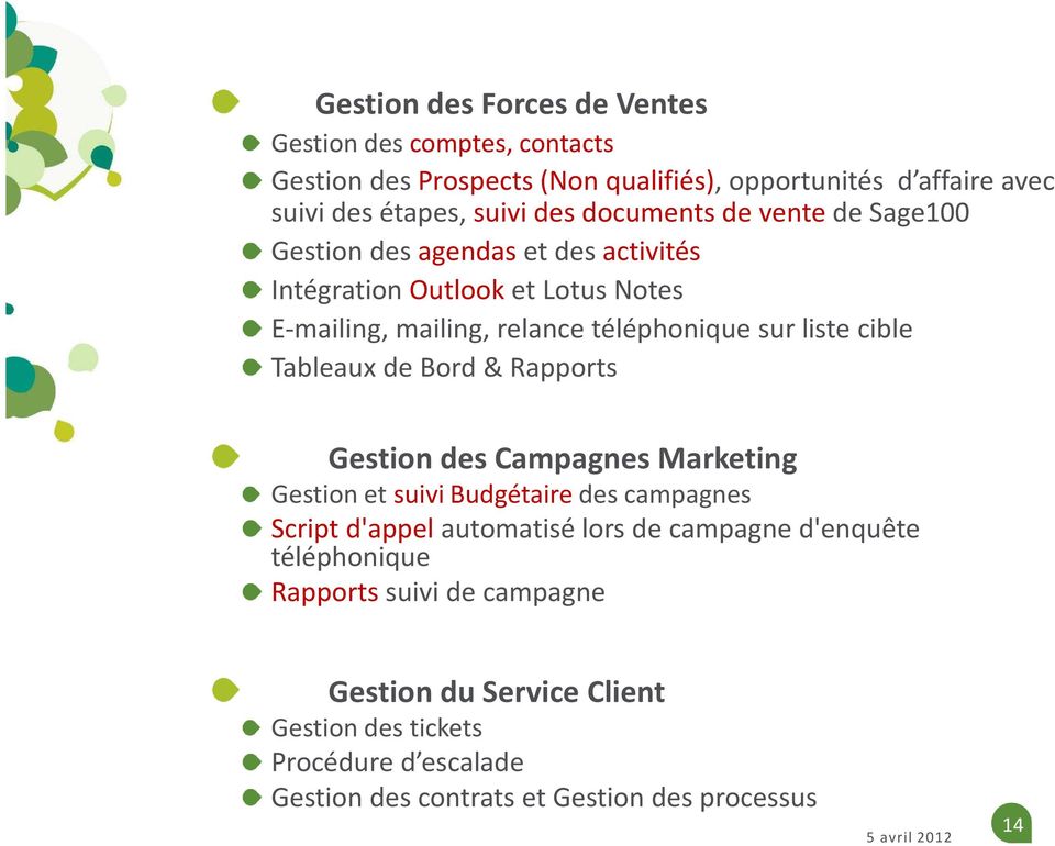 cible Tableaux de Bord & Rapports Gestion des Campagnes Marketing Gestion et suivi Budgétaire des campagnes Script d'appel automatisé lors de campagne