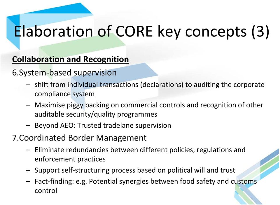 commercial controls and recognition of other auditable security/quality programmes Beyond AEO: Trusted tradelane supervision 7.