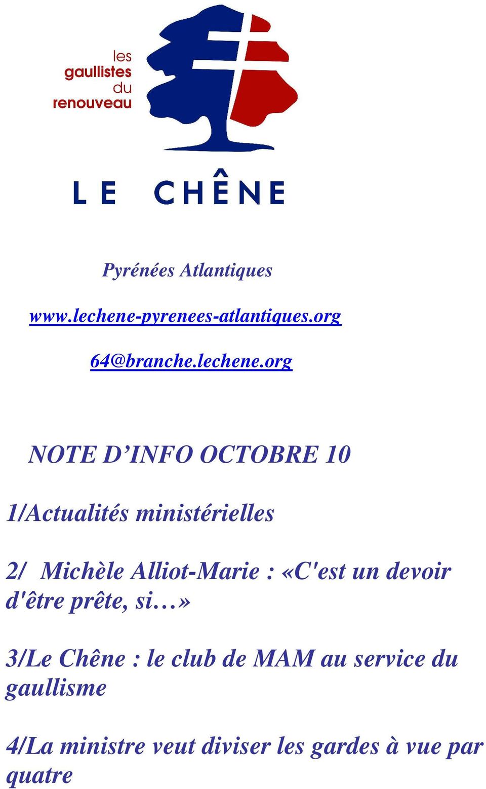 org NOTE D INFO OCTOBRE 10 1/Actualités ministérielles 2/ Michèle