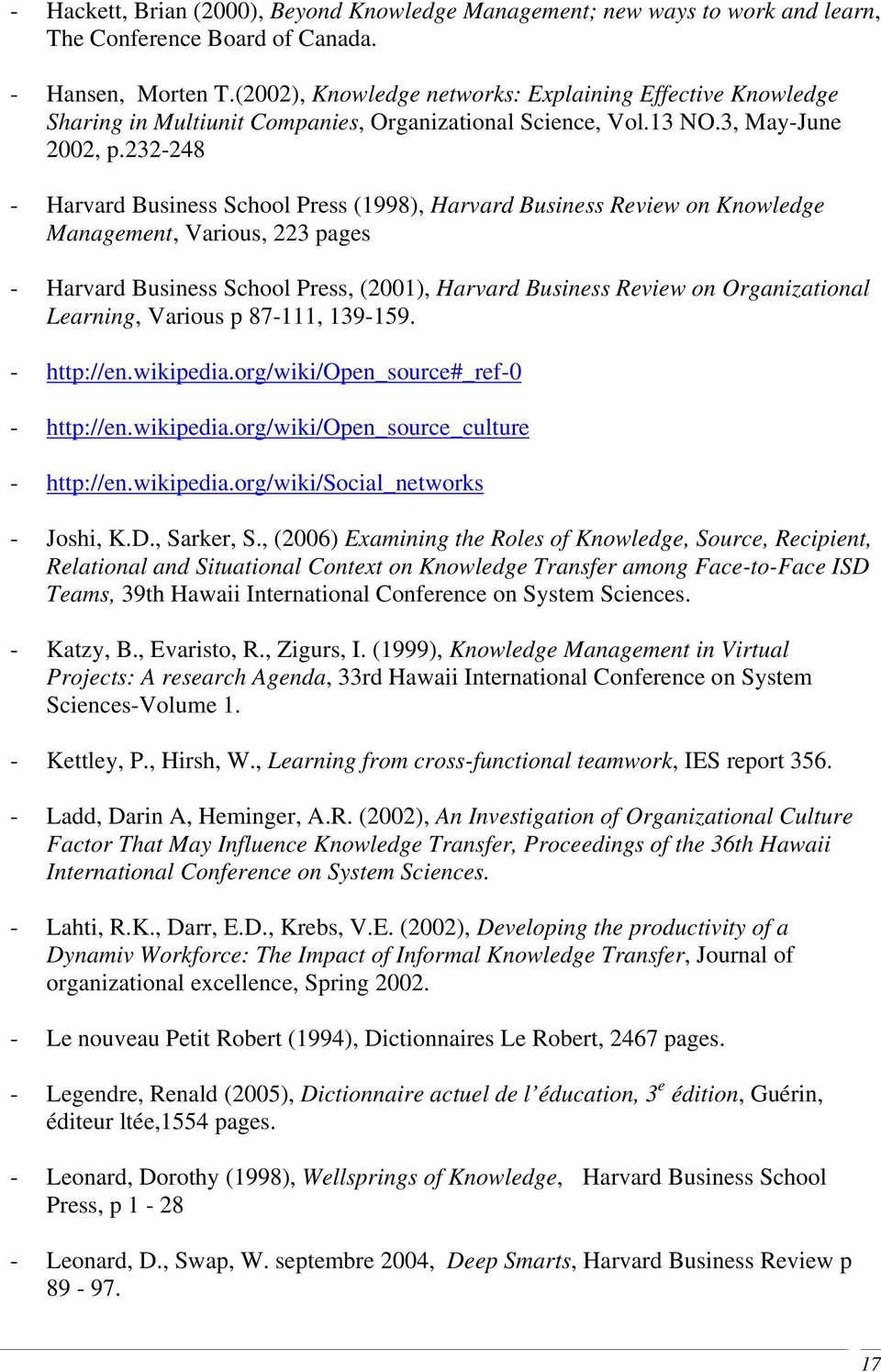 232-248 - Harvard Business School Press (1998), Harvard Business Review on Knowledge Management, Various, 223 pages - Harvard Business School Press, (2001), Harvard Business Review on Organizational