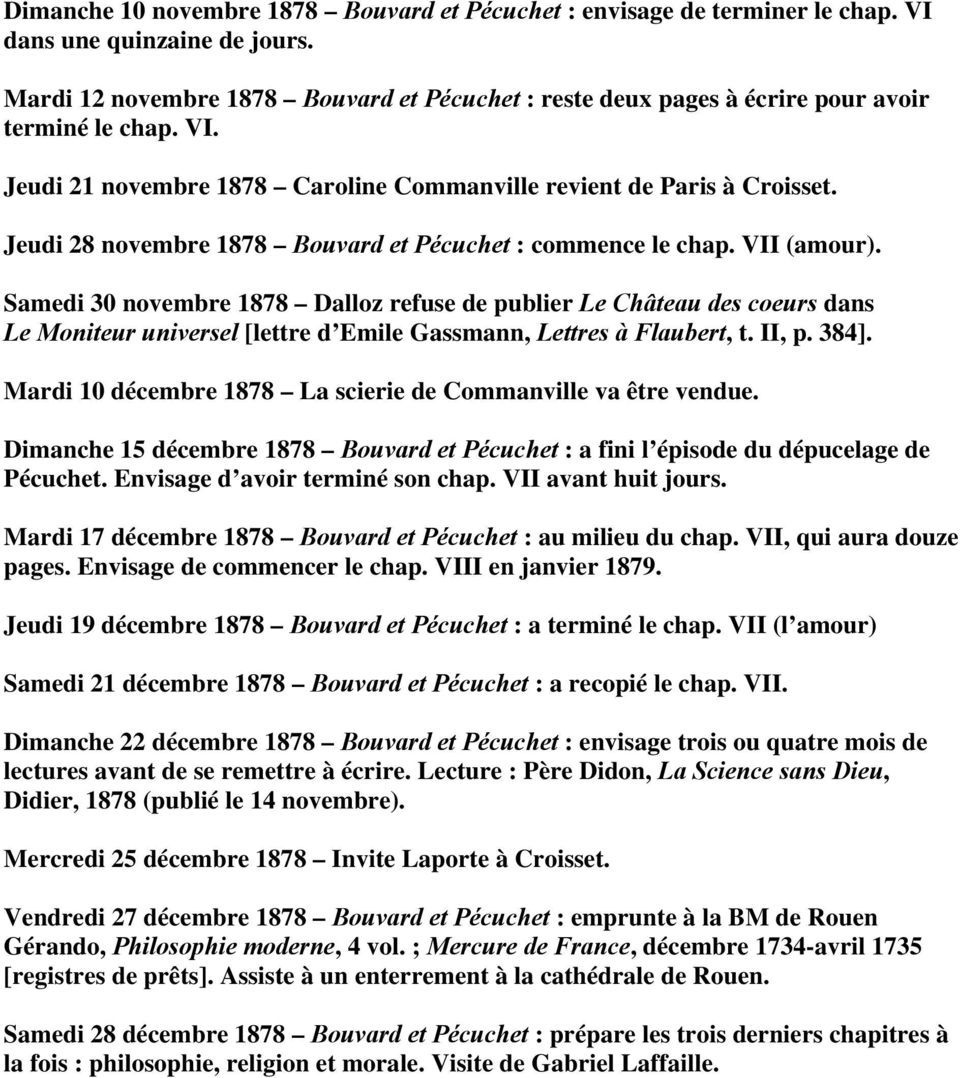 Jeudi 28 novembre 1878 Bouvard et Pécuchet : commence le chap. VII (amour).
