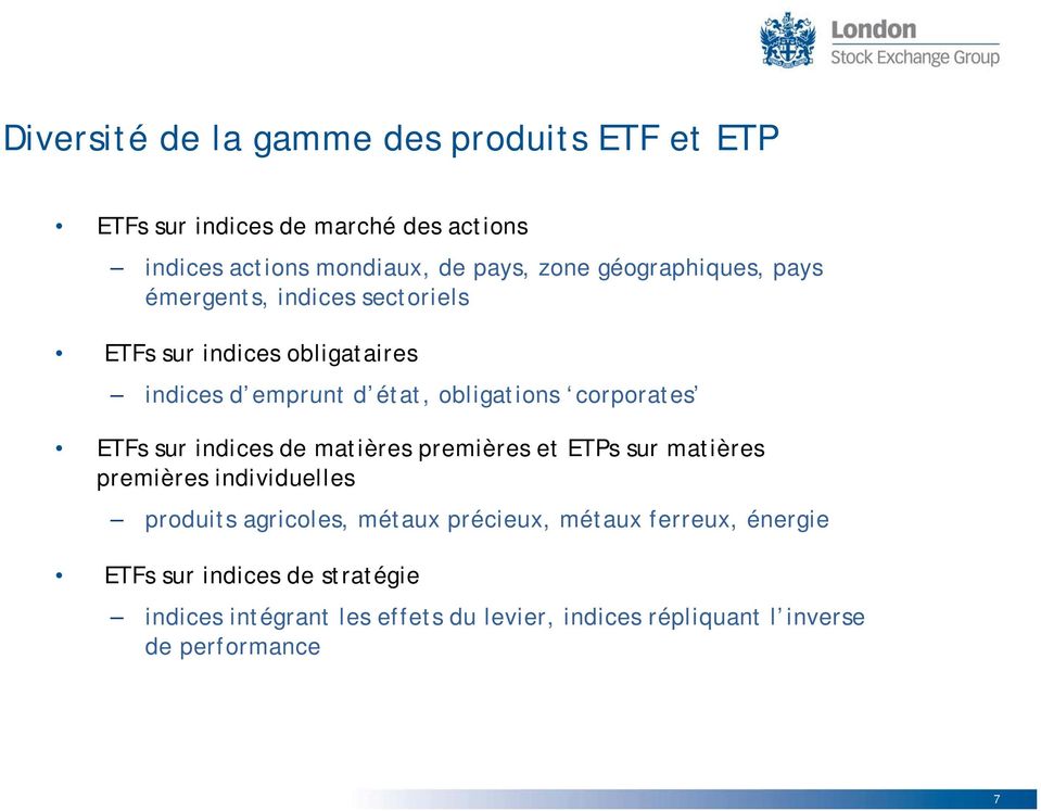 corporates ETFs sur indices de matières premières et ETPs sur matières premières individuelles produits agricoles, métaux