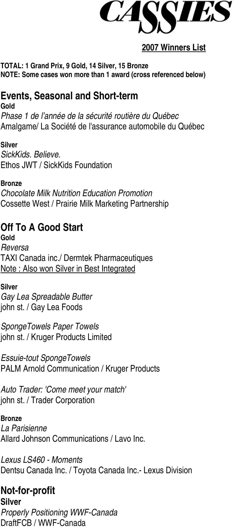 Ethos JWT / SickKids Foundation Chocolate Milk Nutrition Education Promotion Cossette West / Prairie Milk Marketing Partnership Off To A Good Start Reversa TAXI Canada inc.